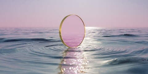 Golden ring floats on rippled water surface. Pink circle, tranquil scene