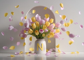 Pastel tulips in a white vase with letter "N", surrounded by petals