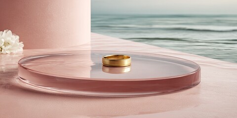 A gold ring sits on a clear, round,  display tray against a blush-pink backdrop, overlooking the ocean