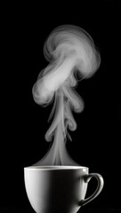 White Mug with Fluffy Cloud of Steam Against Dark Background