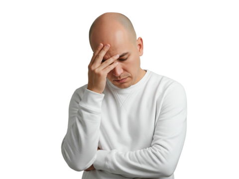 Man experiencing stress, anxiety, or headache; hand on forehead, showing worry and concern. - Powered by Adobe