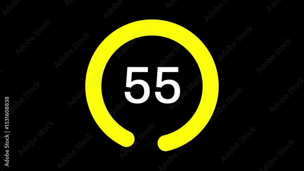 Poster 60-second (1 minute) yellow and white circular countdown timer on a black background, featuring a st