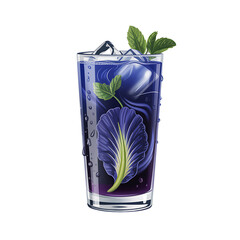 Artistic illustration of a refreshing butterfly pea flower tea cocktail with mint and ice