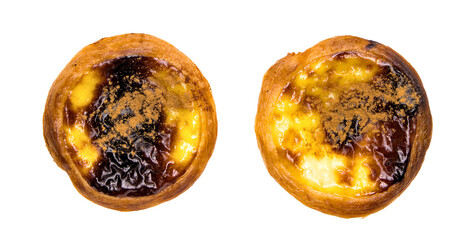 pastel de nata famous custard pastry from portugal with flaky crust and caramelized burnt top with sprinkling of cinnamon isolated on plain white background (dessert sweet pastries pasteis portuguese)
