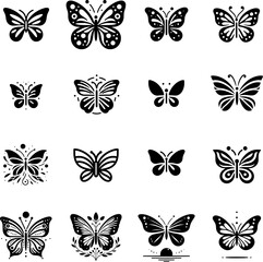 Naklejka premium Set of black and white minimalist butterfly vector illustrations in flat design, featuring clean lines.