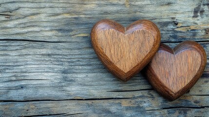 Two wooden hearts on a rustic background, love concept