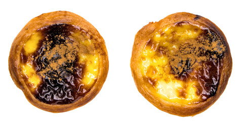 pastel de nata famous custard pastry from portugal with flaky crust and caramelized burnt top with sprinkling of cinnamon isolated on plain white background (dessert sweet pastries pasteis portuguese)