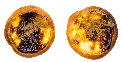 pastel de nata famous custard pastry from portugal with flaky crust and caramelized burnt top with sprinkling of cinnamon isolated on plain white background (dessert sweet pastries pasteis portuguese)
