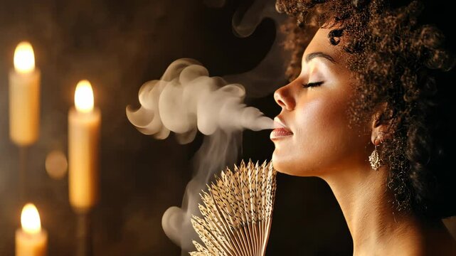 Graceful woman exhales smoke in candlelit ambiance with elegant fan