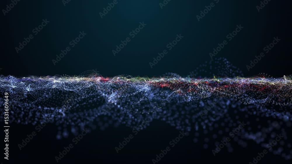 Poster futuristic video animation with particle wave object in slow motion and space for text, 4096x2304 lo