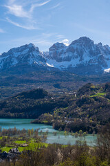 early spring in the Bubal reservoir, in Pueyo de Jaca with the snow-capped Pena Telera in the background, Pyrenean landscape in the Tena Valley in the Aragonese Pyrenees