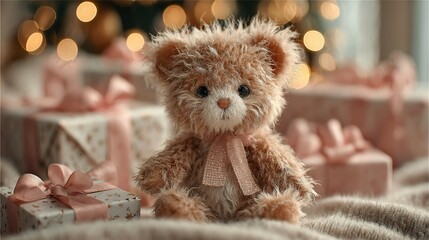 Fototapeta premium Plush doll on a soft gift ribbon: cozy Christmas lights Bokeh background, soft diffuse lighting Shallow depth of field, nostalgic photorealistic details 