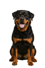 Fototapeta premium Sitting Rottweiler Dog Smiling – Realistic Black and Tan Pet on Transparent Background for Stickers and Pet Projects 