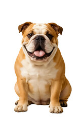 Obraz premium Sitting English Bulldog Smiling – Realistic Brown and White Dog on Transparent Background for Pet Stickers and Design 