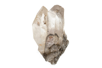 Close-up of quartz crystal mineral, isolated on white background