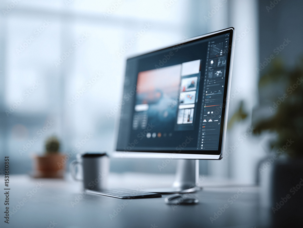 Poster minimalist workspace featuring a modern computer display, keyboard, and mouse on a clean desk. ideal