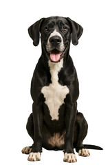 Fototapeta premium Sitting Black Dog with White Chest – Realistic Large Breed Puppy on Transparent Background for Pet Stickers and Prints 