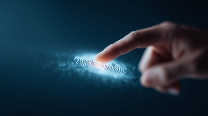 Finger touching a glowing digital fingerprint. Concept for security, access, technology, identity, and biometrics. Perfect for illustrating data protection or innovation.