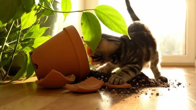 Curious kitten knocks over flower pot while playing indoors near window with sunlight, humorous real-life moment in cozy home setting