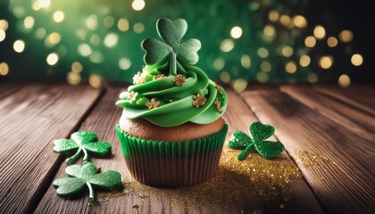 st patrick s day festive cupcake with green frosting and shamrock decorations on rustic wooden table with gold sprinkles