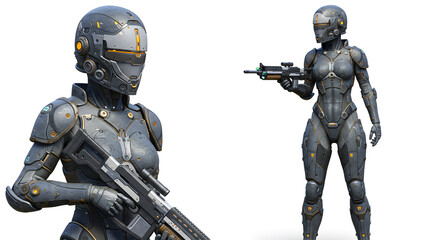 Futuristic Female Soldiers in Exosuits on White Background
