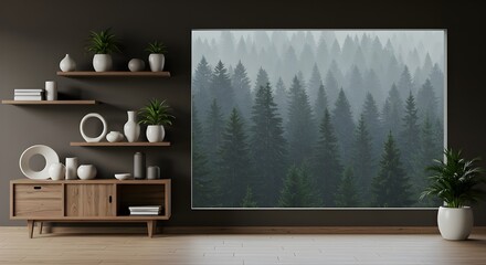Minimalist Interior with Wooden Shelves and Misty Forest View Through Open Wall