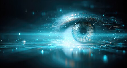 Digital eye, glowing, teal backdrop