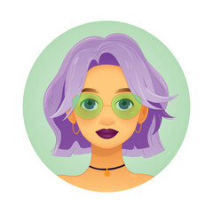 Stylish Girl Portrait – Purple Hair and Glasses. Vector illustration. EPS