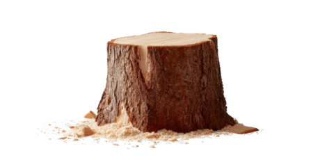 A rough cut tree stump, a silent testament to nature. Surrounded by freshly cut wood chips. The texture is rough, hinting at the life the tree once held. 