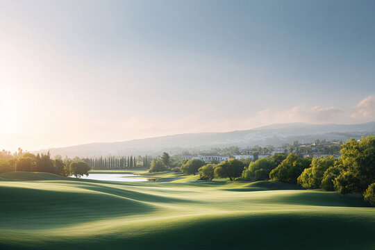 Serene landscape of a lush green golf course at sunrise, with a tranquil lake, trees, and soft light. Ideal for promoting relaxation, leisure, or luxury lifestyles. - Powered by Adobe