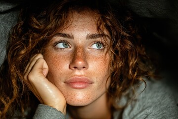 A woman in bed, experiencing sleep difficulty on a hot summer night. She appears restless and uncomfortable in a dimly lit bedroom.