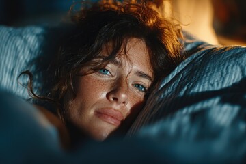 A woman with tousled hair and eyes wide open lies in bed, struggling to sleep, surrounded by moonlight filtering through the window on a summer night.