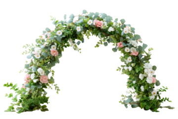 A captivating floral arch, a testament to elegance, beautifully adorned with a harmonious blend of blooming roses and lush greenery, symbolizing new beginnings and romantic celebration.