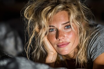 A woman struggling to sleep in the summer night's heat, tossing and turning in bed under a single light source.