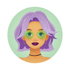 Stylish Girl Portrait – Purple Hair and Glasses. Vector illustration. EPS