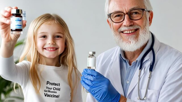 Smiling child and doctor show vaccine bottle promoting child immunization awareness