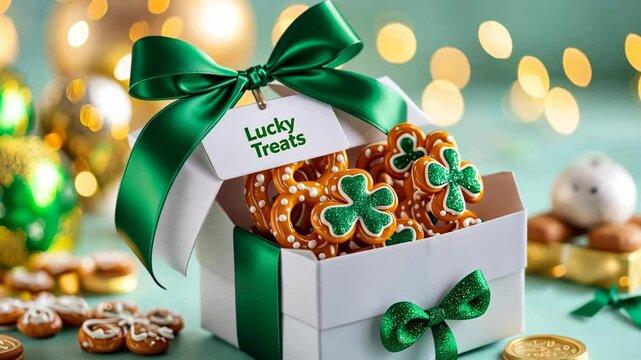 Festive gift box with shamrock cookies and green ribbon amidst golden lights