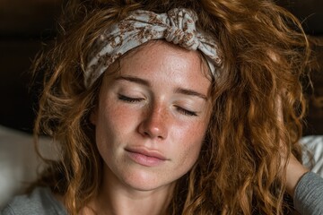 A woman with a migraine depicted lying down in a dimly lit room. She appears to be in discomfort, emphasizing the theme of headache and pain.