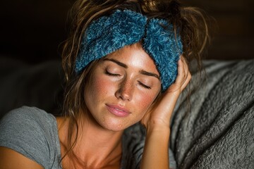 A woman experiencing a migraine is lying down in a darkened room. The focus is on her face showing signs of discomfort and pain.