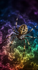 Orbweaver spider on a vivid rainbowhued web