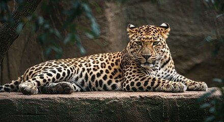 Fototapeta premium Majestic Leopard Resting on Rock Wild Cat in Dark Forest