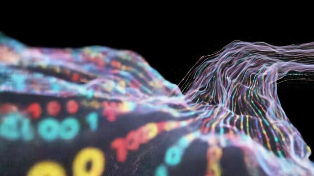 Stream of iridescent glowing binary code flows like a viscous river through a dark void 
