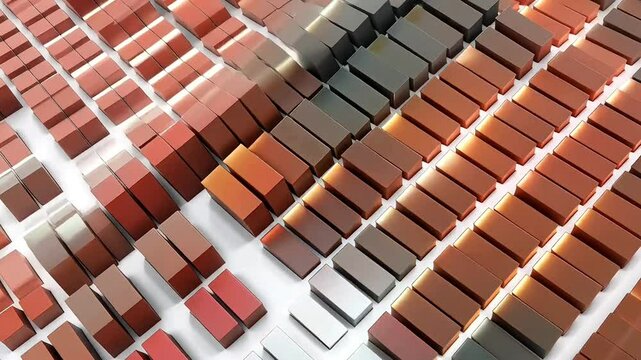 Rows of reddishbrown to gray rectangular glossy objects are arranged on a white surface with shadows and reflections adding dimension (AI Video)