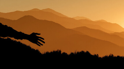 Silhouette God hands reaching out to help another hand in background of mountains and sunset