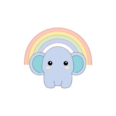 Cute Kawaii Elephant Baby with Tiny Smile and Rainbow
