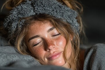 A woman experiencing a migraine in a darkened room. She appears to be in discomfort, with a hand on her forehead, expressing pain and discomfort.