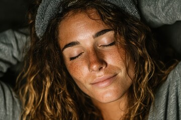 A woman with a migraine lying down in a darkened room. No additional objects or surroundings visible.