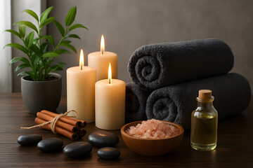 A soothing spa setting with lit candles, rolled towels, essential oils, and natural elements, evoking relaxation and well-being