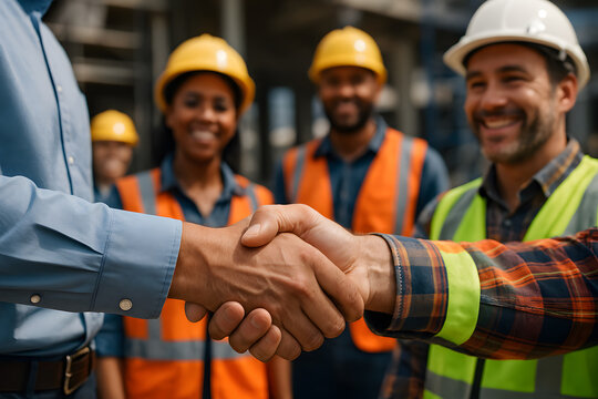 Two adult males, 30s, shake hands with a group of diverse construction workers in hard hats and vests smiling in the background - Powered by Adobe