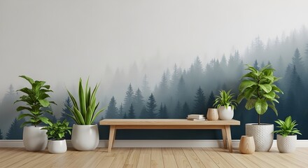 Minimalist Interior with Natural Wood and Potted Plants Overlooking Dreamlike Misty Pine Forest

